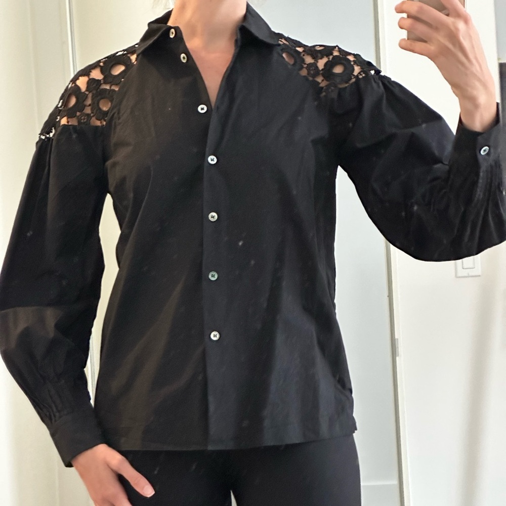 Elie Tahari Black Button Down Shirt with Embroidered Shoulders